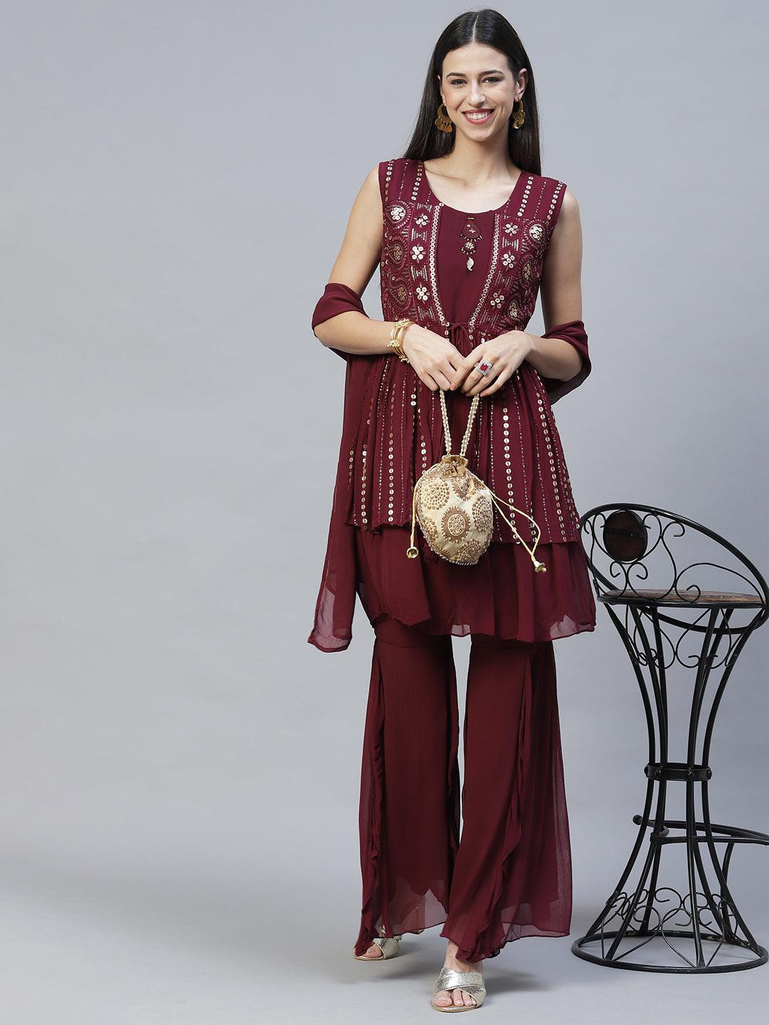 Ethnic Embroidered Peplum Kurta with Sharara & Dupatta - Deep Wine - Indiakreations