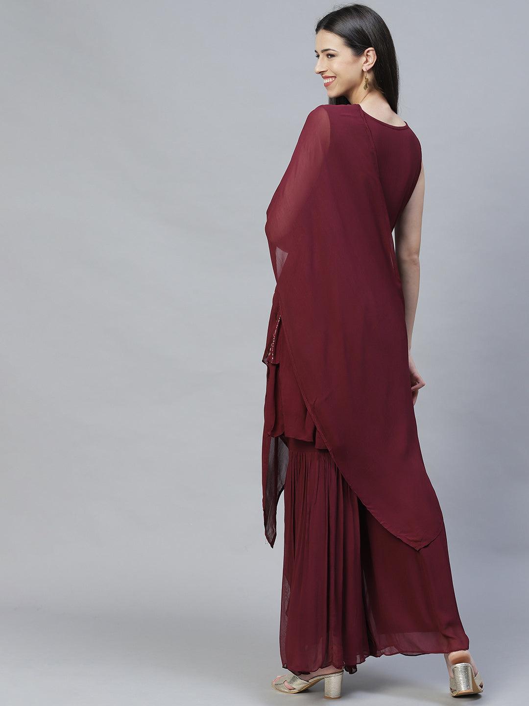 Ethnic Embroidered Peplum Kurta with Sharara & Dupatta - Deep Wine - Indiakreations