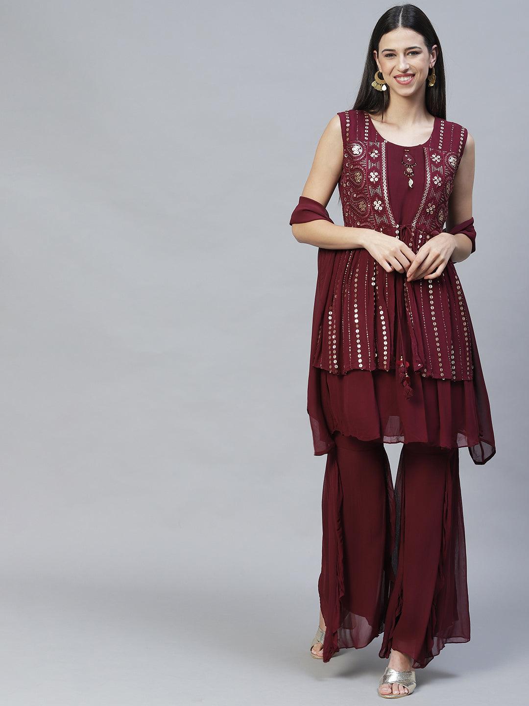 Ethnic Embroidered Peplum Kurta with Sharara & Dupatta - Deep Wine - Indiakreations