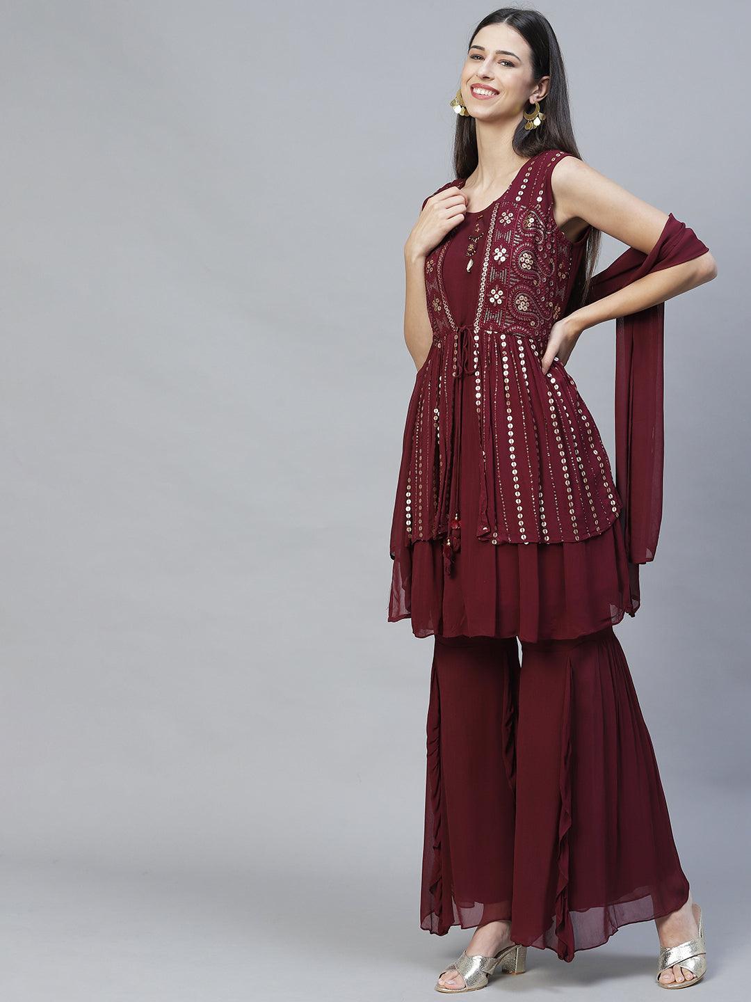 Ethnic Embroidered Peplum Kurta with Sharara & Dupatta - Deep Wine - Indiakreations