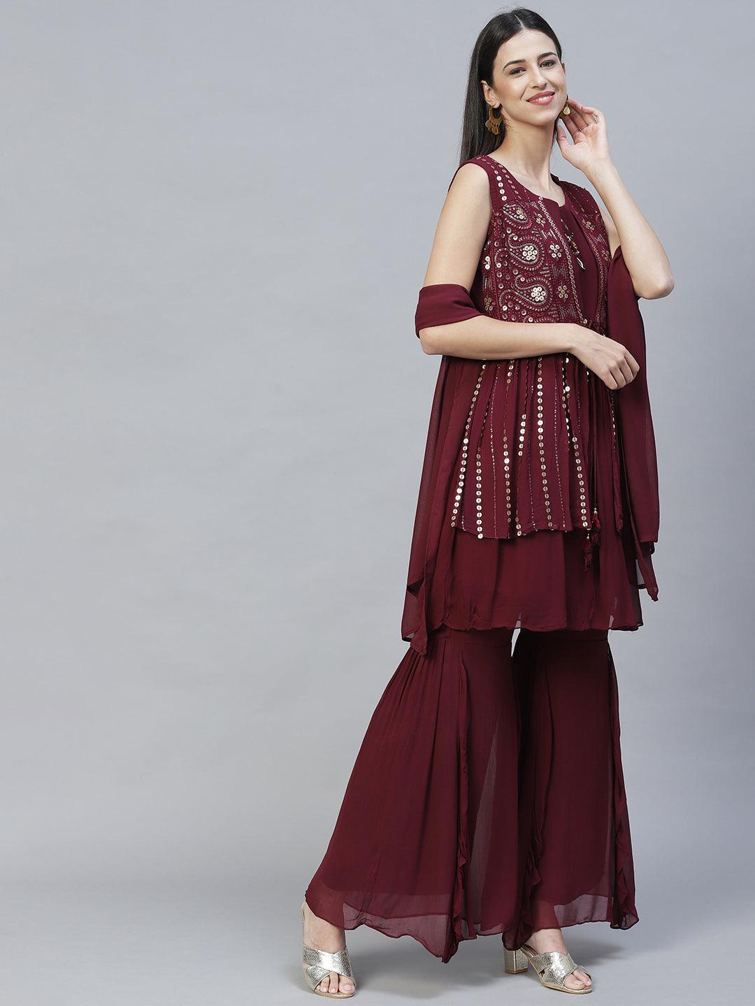 Ethnic Embroidered Peplum Kurta with Sharara & Dupatta - Deep Wine - Indiakreations