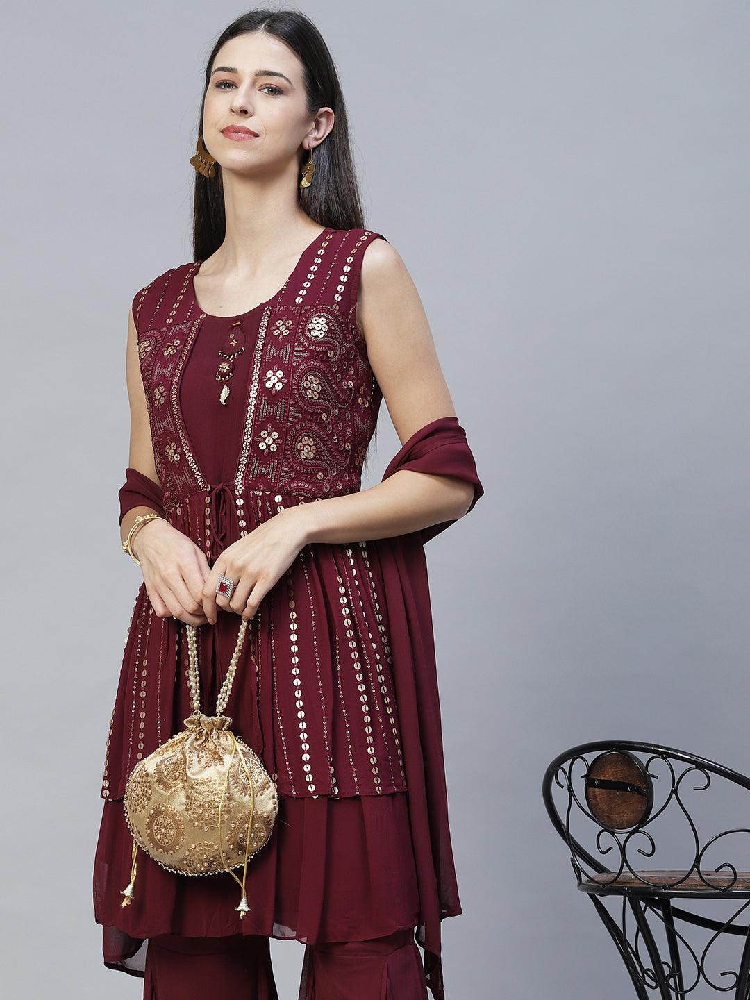 Ethnic Embroidered Peplum Kurta with Sharara & Dupatta - Deep Wine - Indiakreations