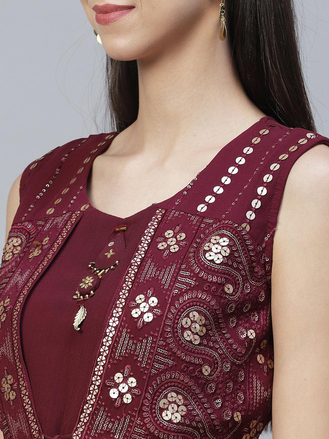 Ethnic Embroidered Peplum Kurta with Sharara & Dupatta - Deep Wine - Indiakreations