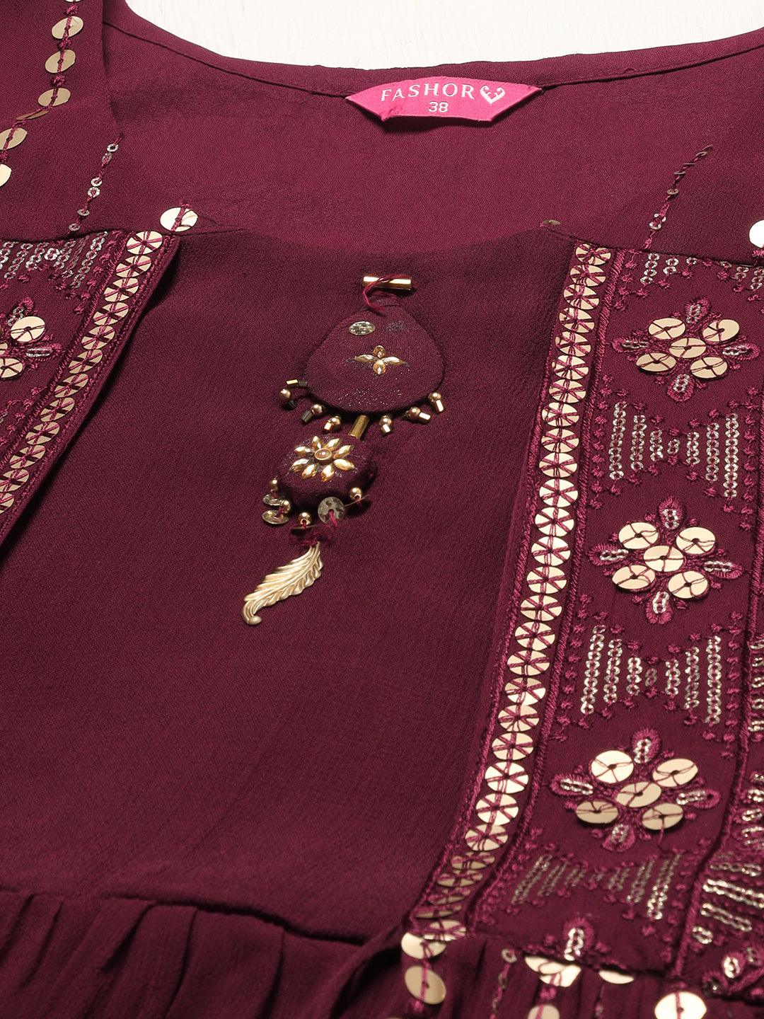 Ethnic Embroidered Peplum Kurta with Sharara & Dupatta - Deep Wine - Indiakreations