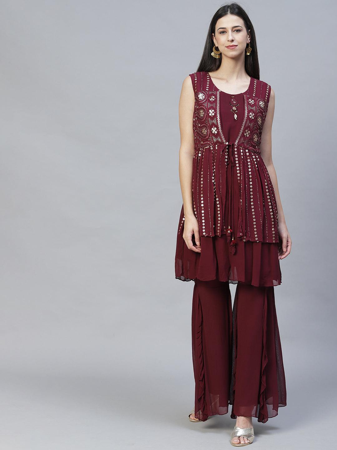 Ethnic Embroidered Peplum Kurta with Sharara & Dupatta - Deep Wine - Indiakreations