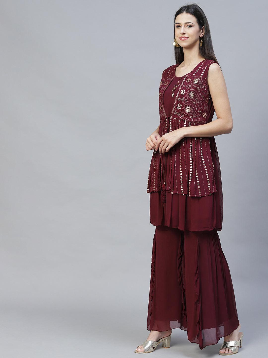 Ethnic Embroidered Peplum Kurta with Sharara & Dupatta - Deep Wine - Indiakreations