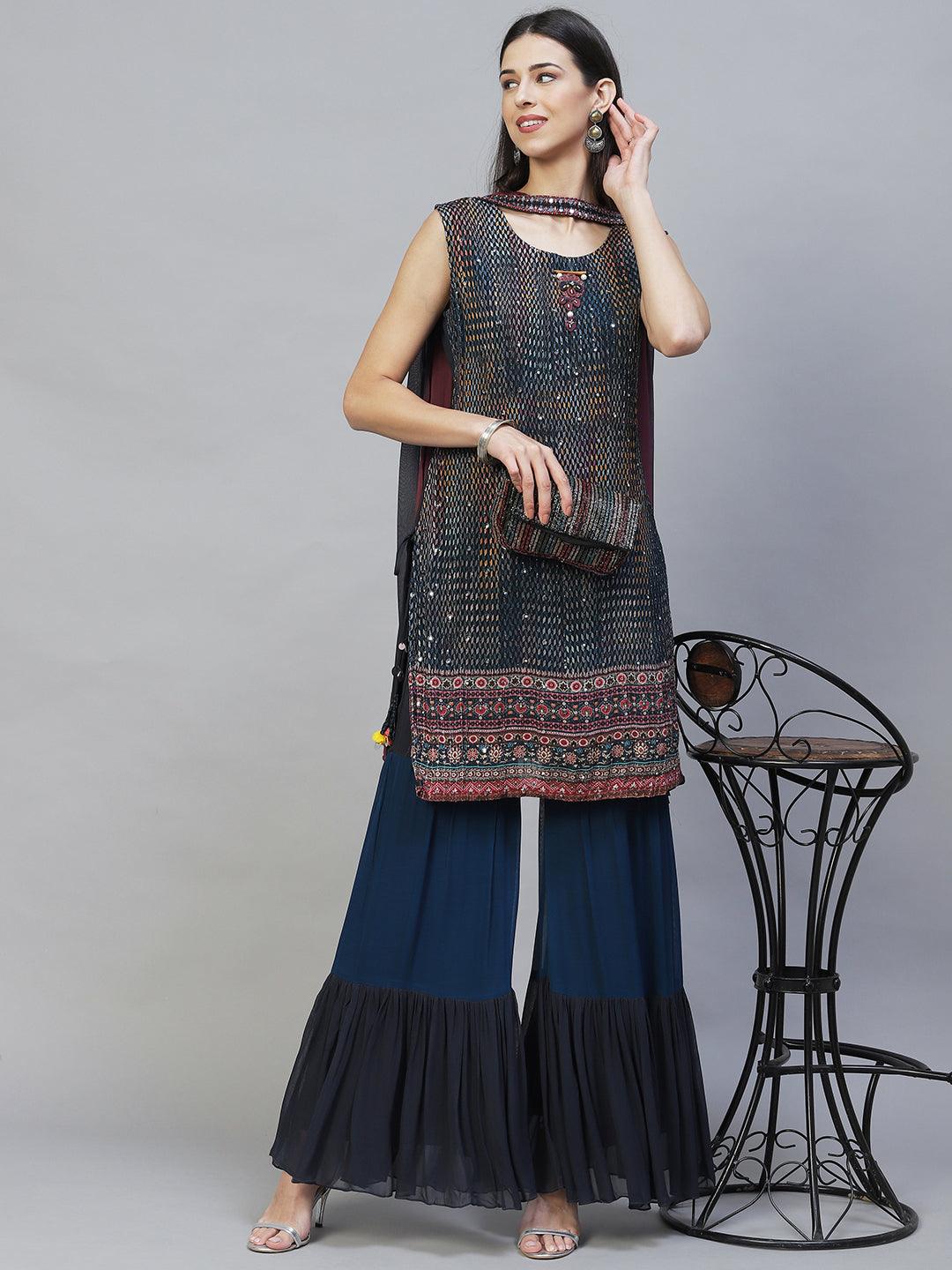 Ethnic Embroidered Straight Kurta with Sharara & Dupatta - Multi - Indiakreations