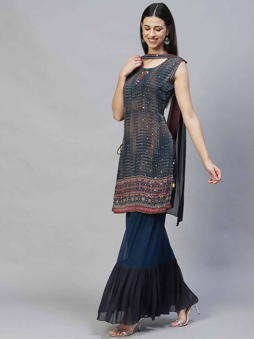 Ethnic Embroidered Straight Kurta with Sharara & Dupatta - Multi - Indiakreations