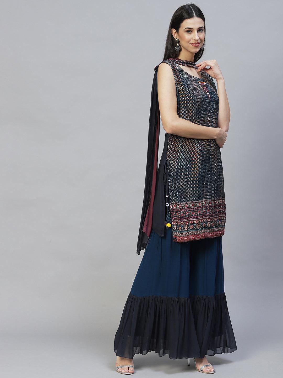 Ethnic Embroidered Straight Kurta with Sharara & Dupatta - Multi - Indiakreations