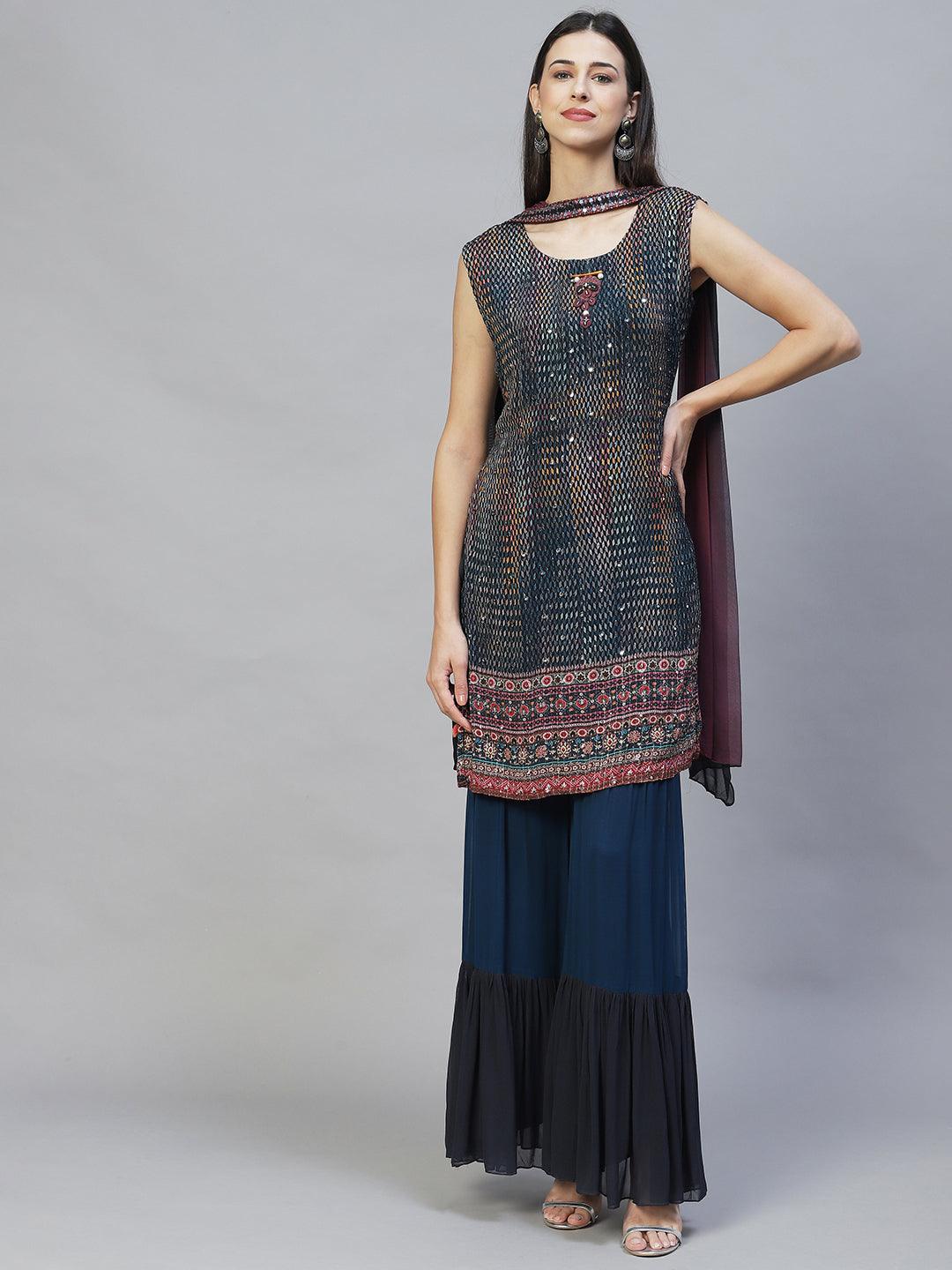 Ethnic Embroidered Straight Kurta with Sharara & Dupatta - Multi - Indiakreations