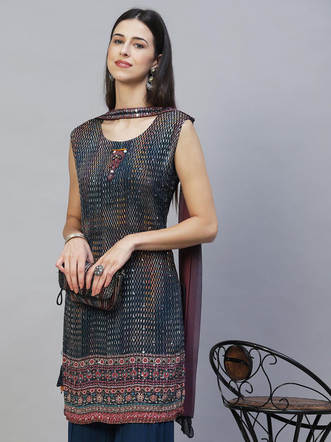 Ethnic Embroidered Straight Kurta with Sharara & Dupatta - Multi - Indiakreations