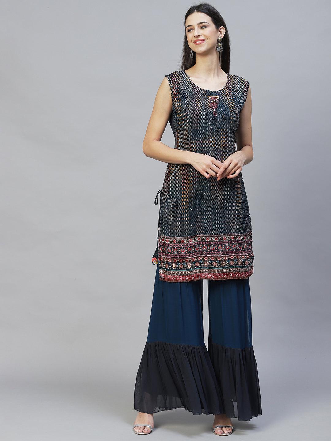 Ethnic Embroidered Straight Kurta with Sharara & Dupatta - Multi - Indiakreations