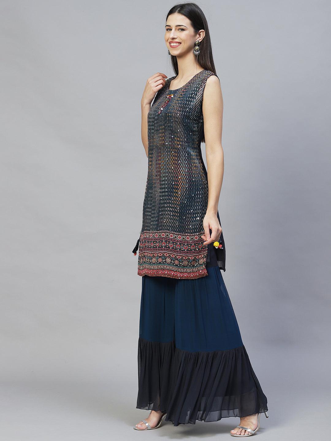 Ethnic Embroidered Straight Kurta with Sharara & Dupatta - Multi - Indiakreations