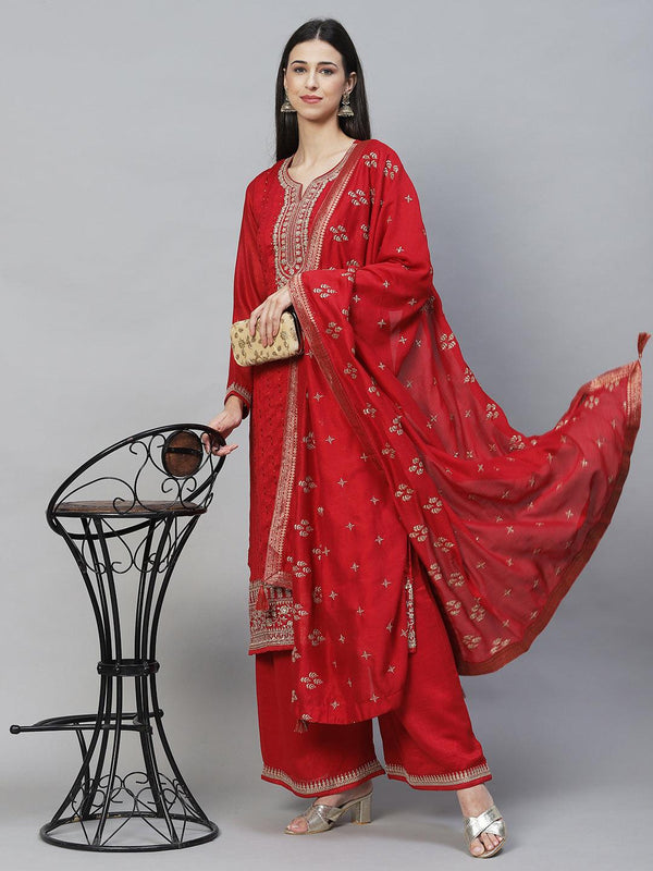 Ethnic Embroidered Straight Kurta with Palazzo & Dupatta - Red - Indiakreations