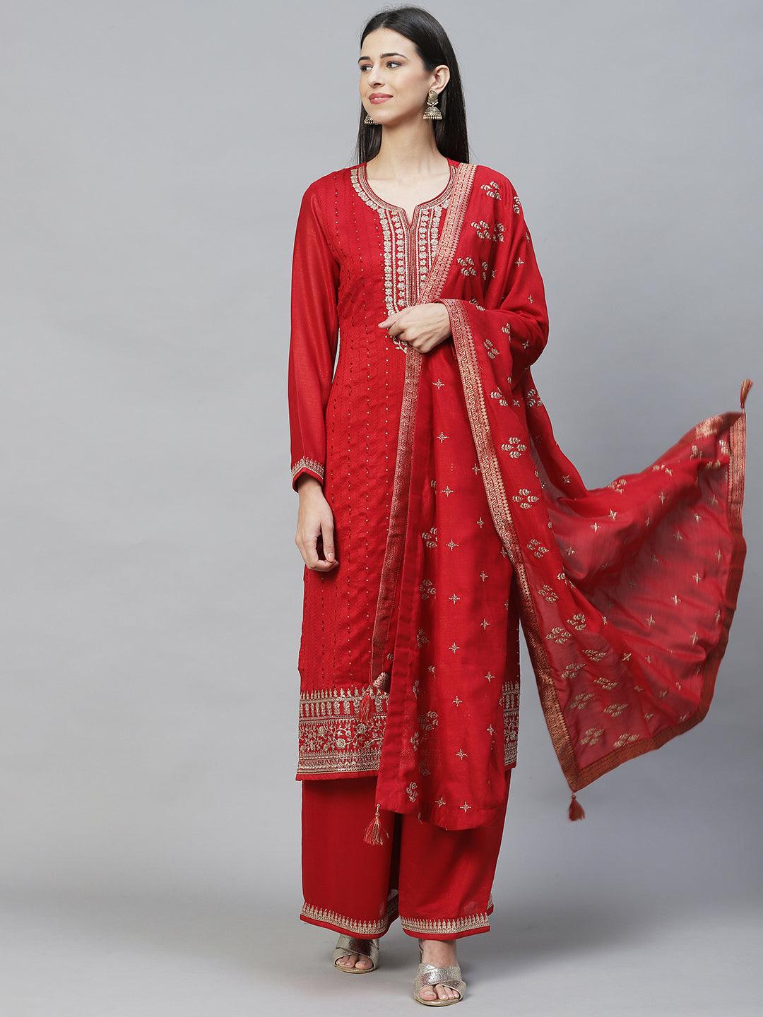 Ethnic Embroidered Straight Kurta with Palazzo & Dupatta - Red - Indiakreations