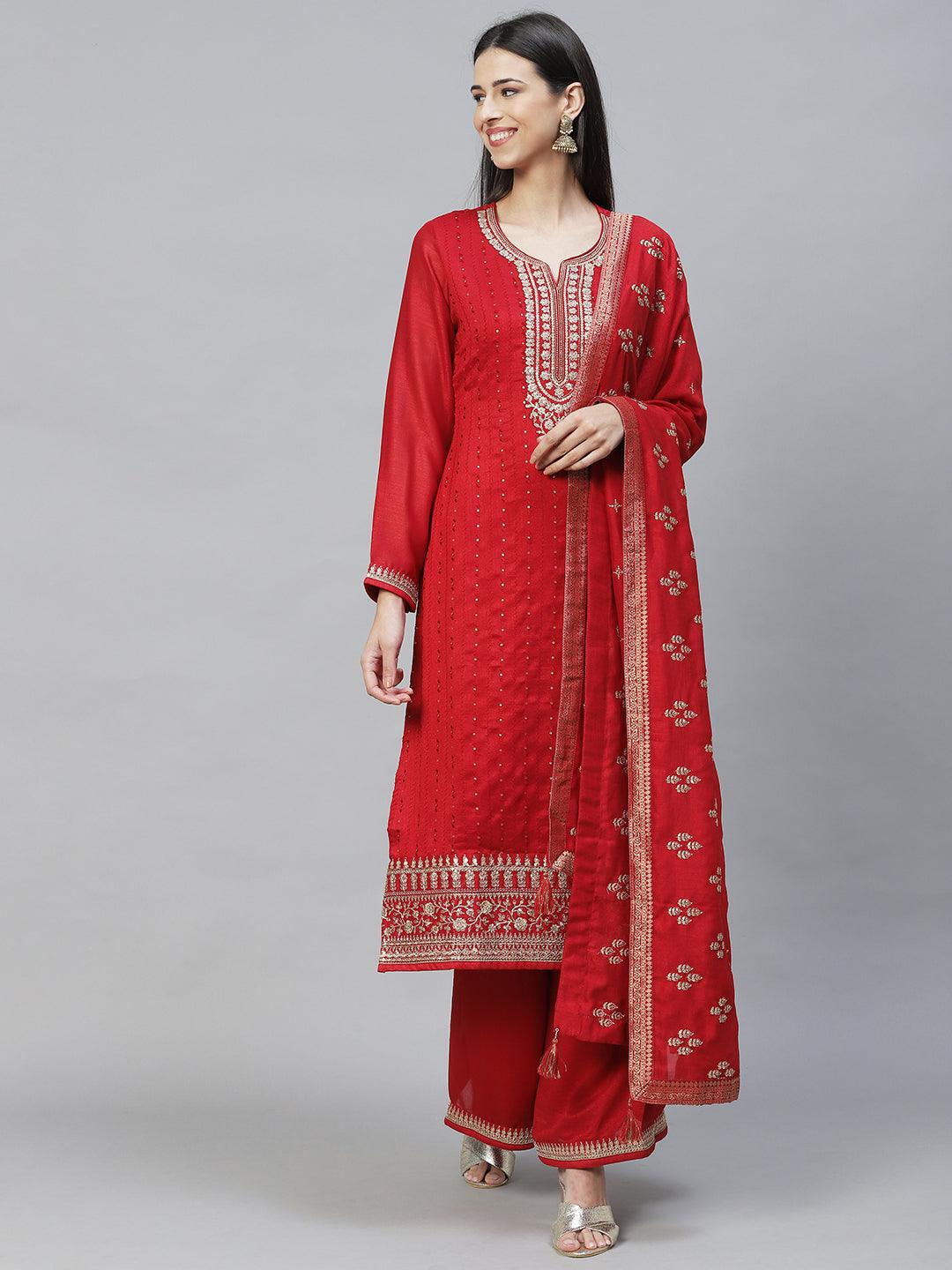 Ethnic Embroidered Straight Kurta with Palazzo & Dupatta - Red - Indiakreations