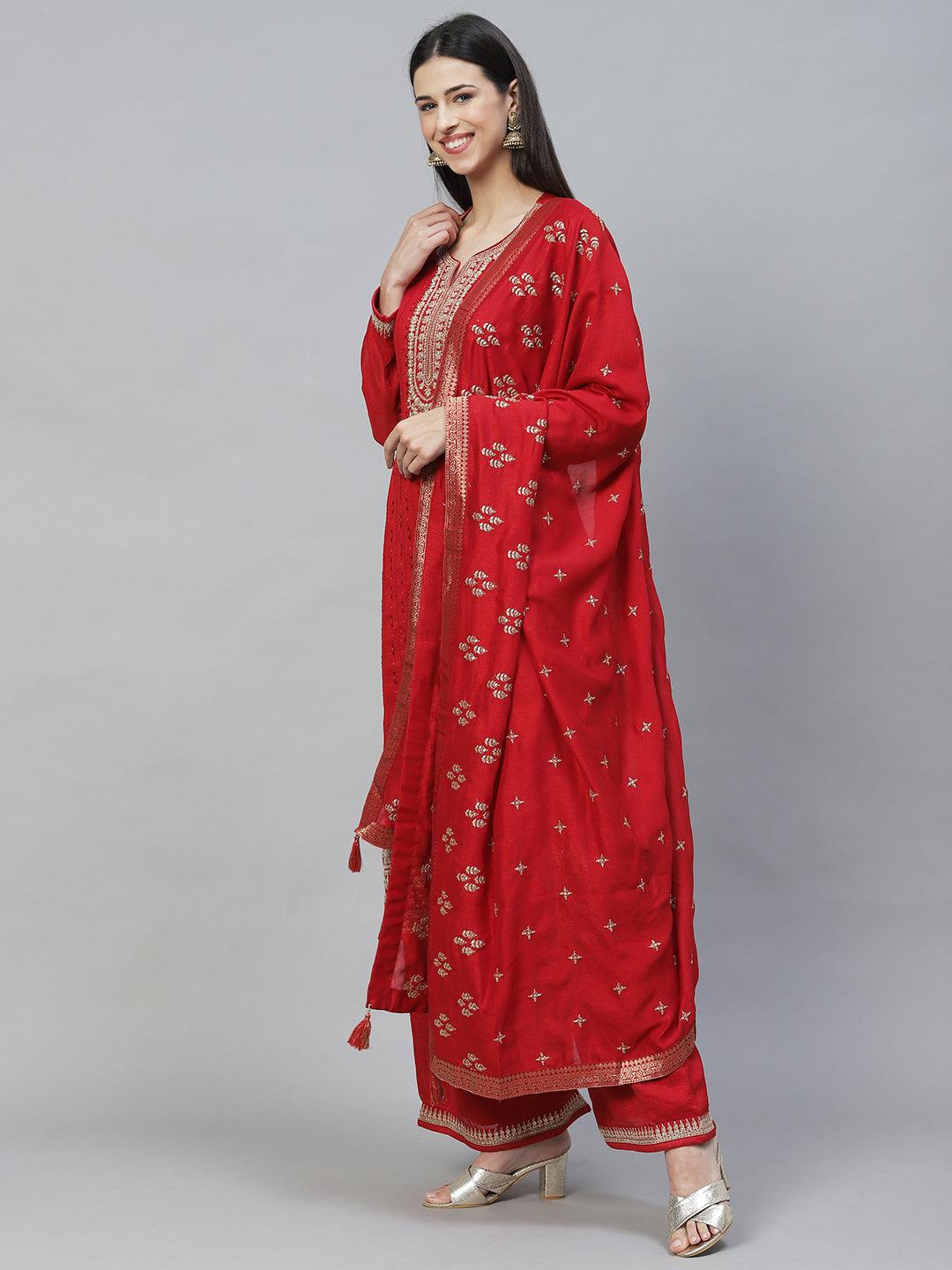 Ethnic Embroidered Straight Kurta with Palazzo & Dupatta - Red - Indiakreations