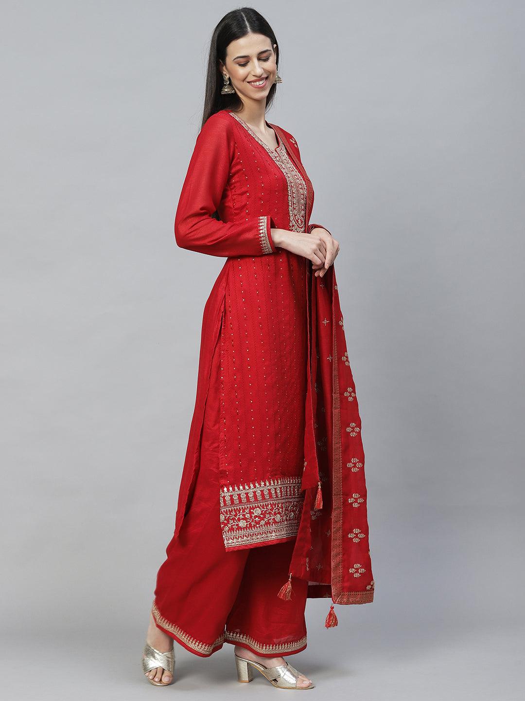 Ethnic Embroidered Straight Kurta with Palazzo & Dupatta - Red - Indiakreations