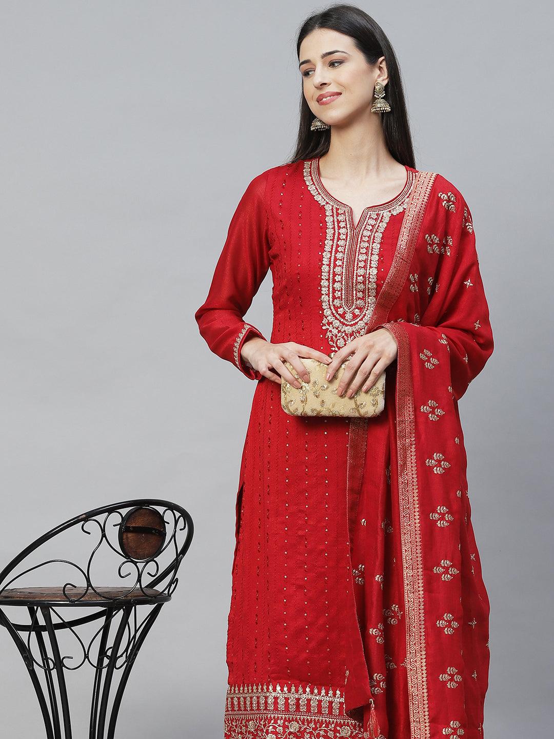 Ethnic Embroidered Straight Kurta with Palazzo & Dupatta - Red - Indiakreations