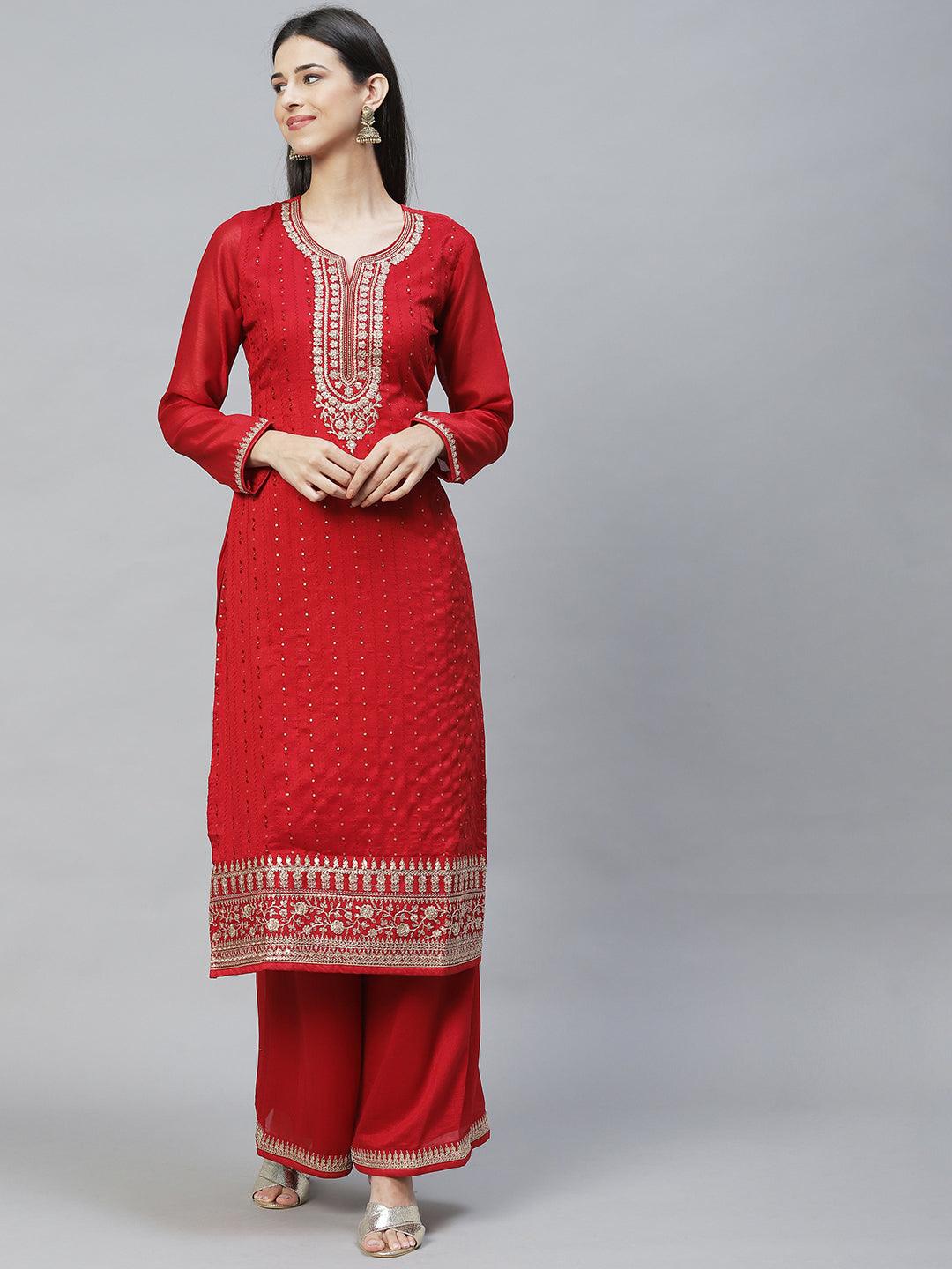 Ethnic Embroidered Straight Kurta with Palazzo & Dupatta - Red - Indiakreations