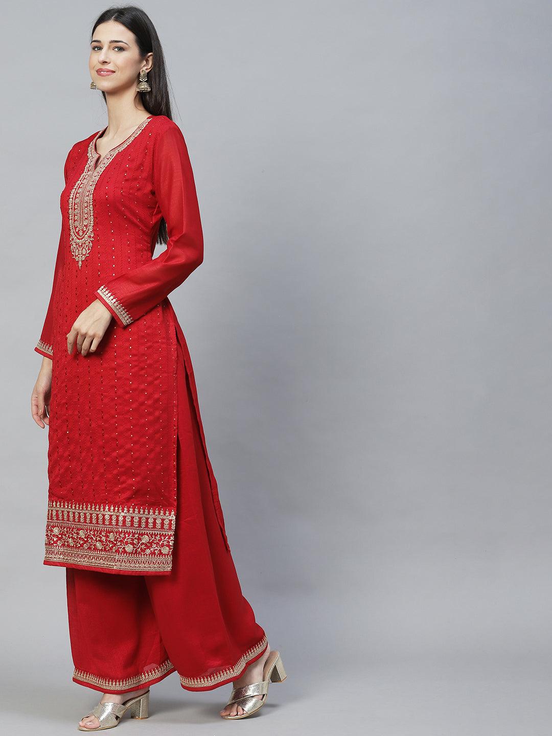 Ethnic Embroidered Straight Kurta with Palazzo & Dupatta - Red - Indiakreations