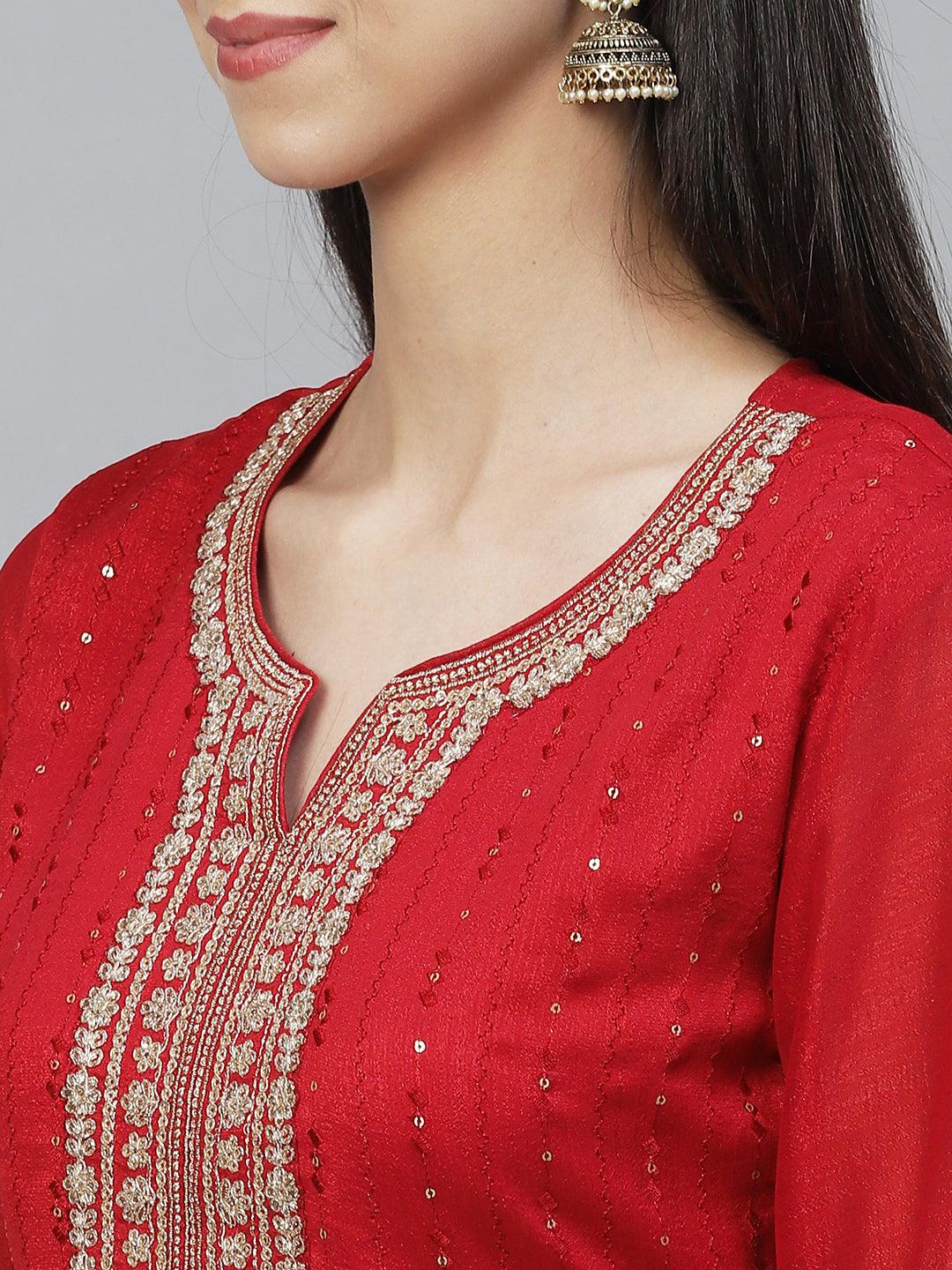 Ethnic Embroidered Straight Kurta with Palazzo & Dupatta - Red - Indiakreations