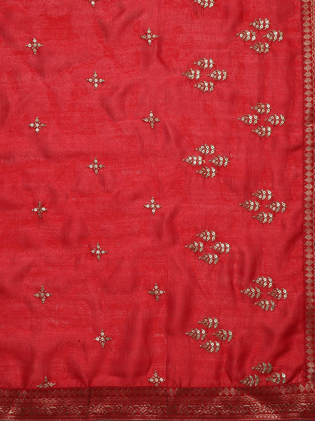 Ethnic Embroidered Straight Kurta with Palazzo & Dupatta - Red - Indiakreations