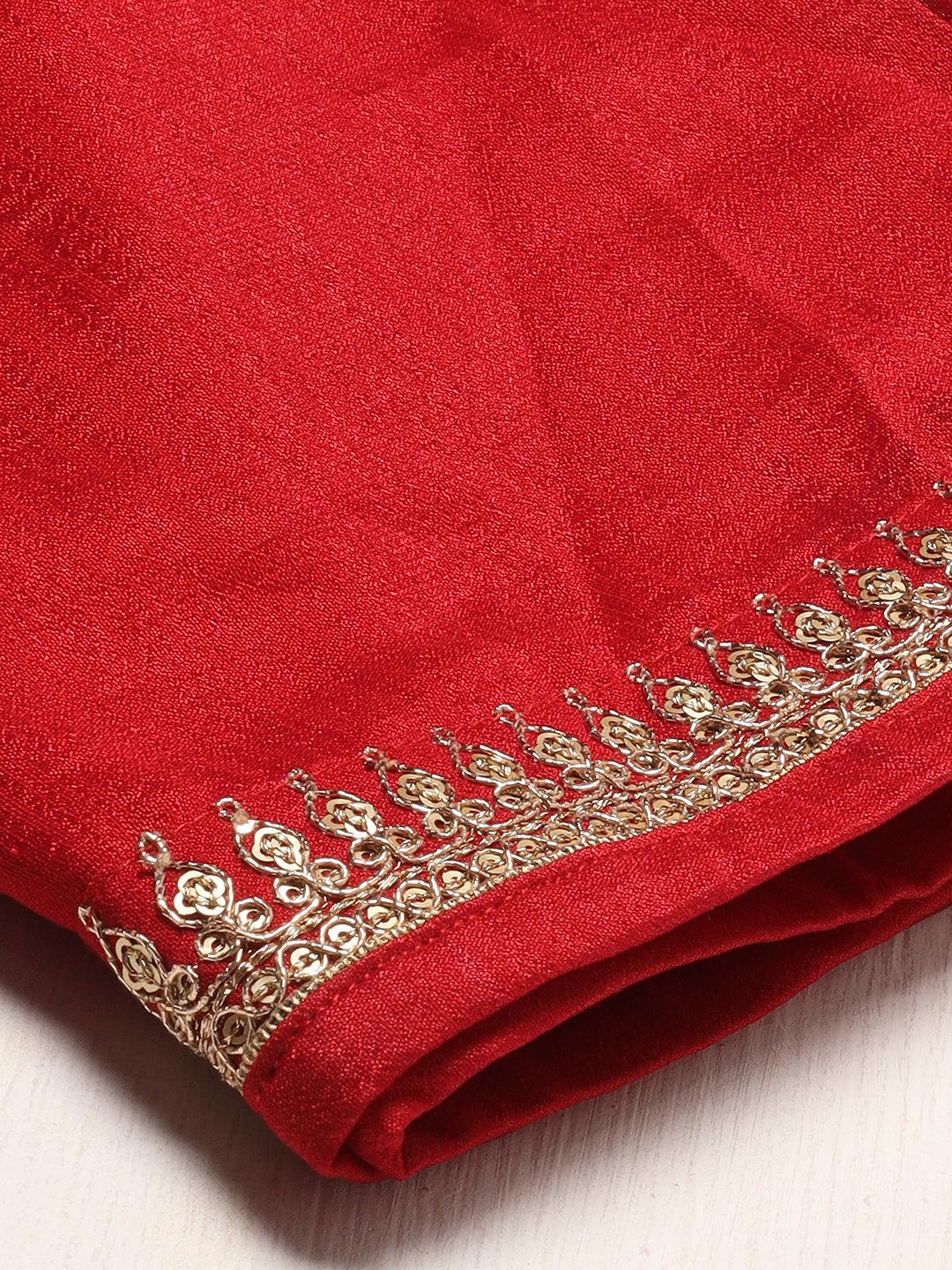 Ethnic Embroidered Straight Kurta with Palazzo & Dupatta - Red - Indiakreations