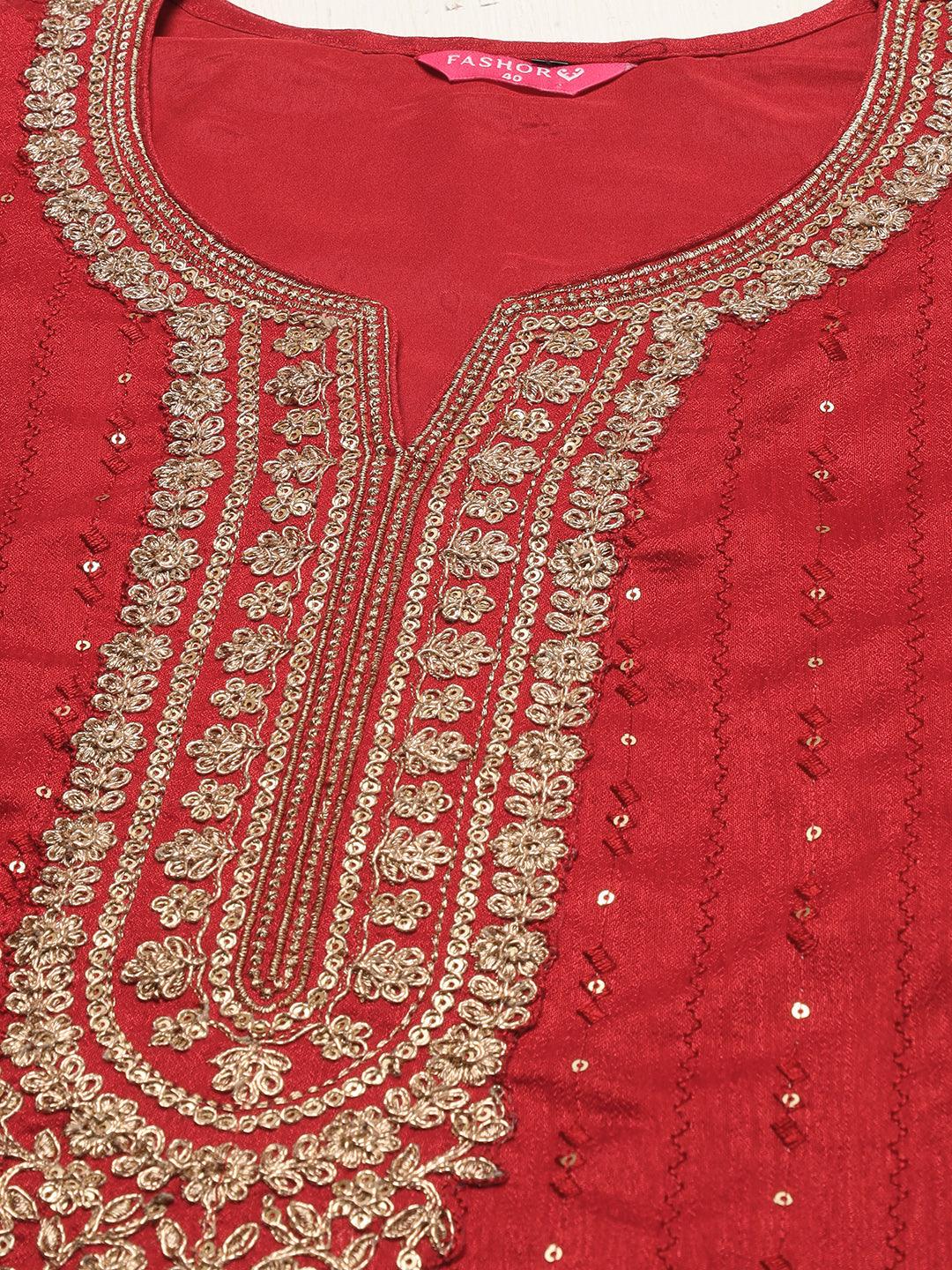 Ethnic Embroidered Straight Kurta with Palazzo & Dupatta - Red - Indiakreations