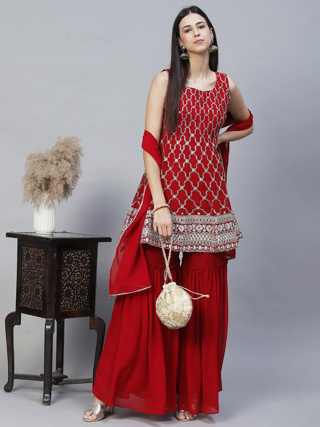 Ethnic Embroidered Anarkali Kurta with Sharara & Dupatta - Maroon - Indiakreations