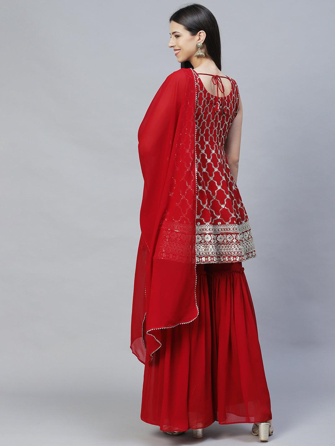 Ethnic Embroidered Anarkali Kurta with Sharara & Dupatta - Maroon - Indiakreations