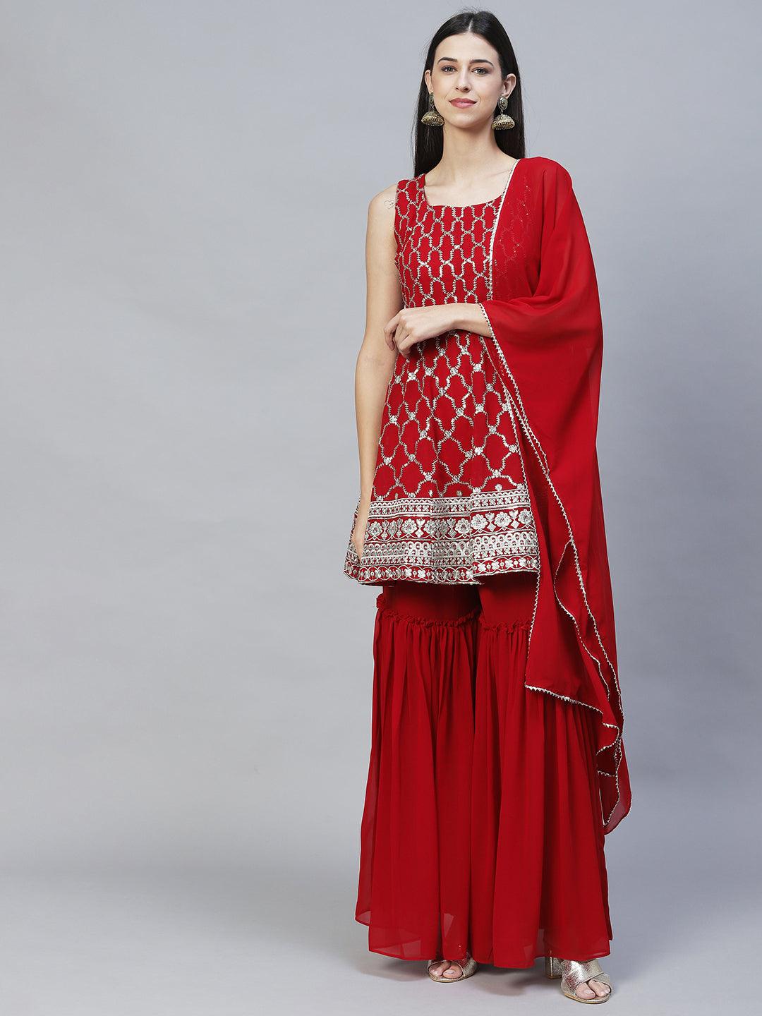 Ethnic Embroidered Anarkali Kurta with Sharara & Dupatta - Maroon - Indiakreations