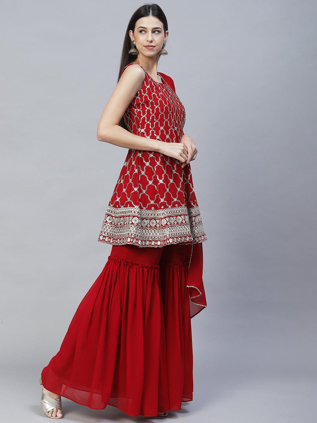 Ethnic Embroidered Anarkali Kurta with Sharara & Dupatta - Maroon - Indiakreations