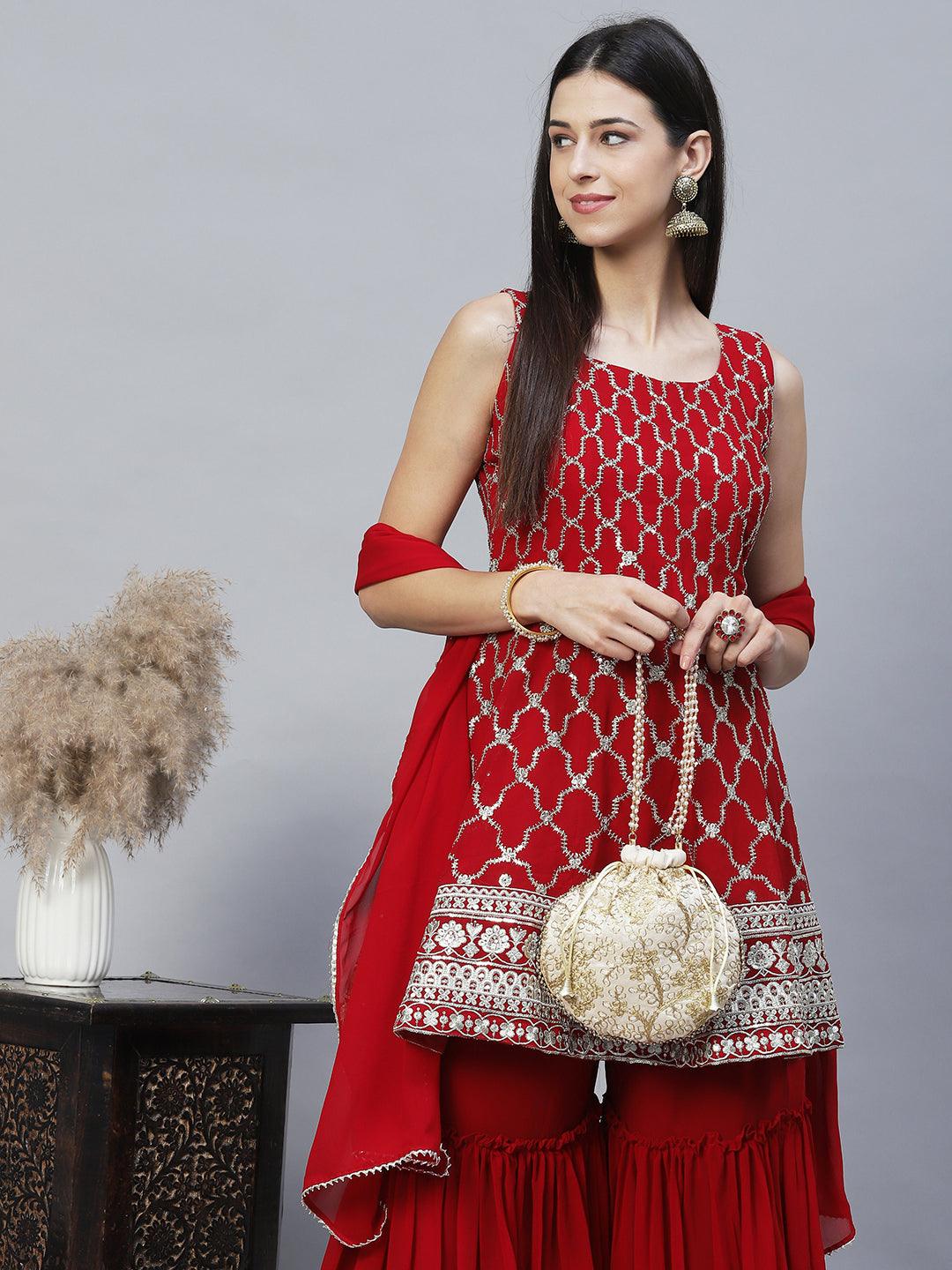 Ethnic Embroidered Anarkali Kurta with Sharara & Dupatta - Maroon - Indiakreations