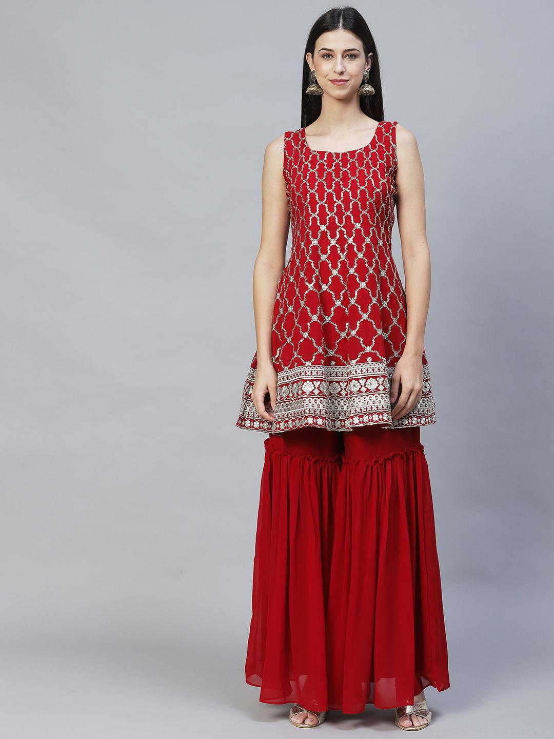 Ethnic Embroidered Anarkali Kurta with Sharara & Dupatta - Maroon - Indiakreations