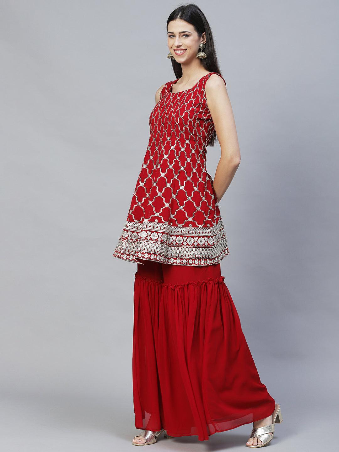 Ethnic Embroidered Anarkali Kurta with Sharara & Dupatta - Maroon - Indiakreations