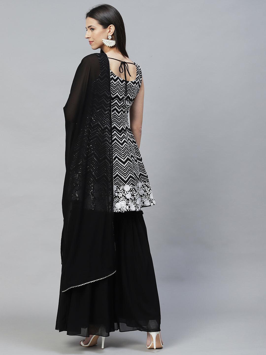 Ethnic Embroidered Anarkali Kurta with Sharara & Dupatta - Black - Indiakreations