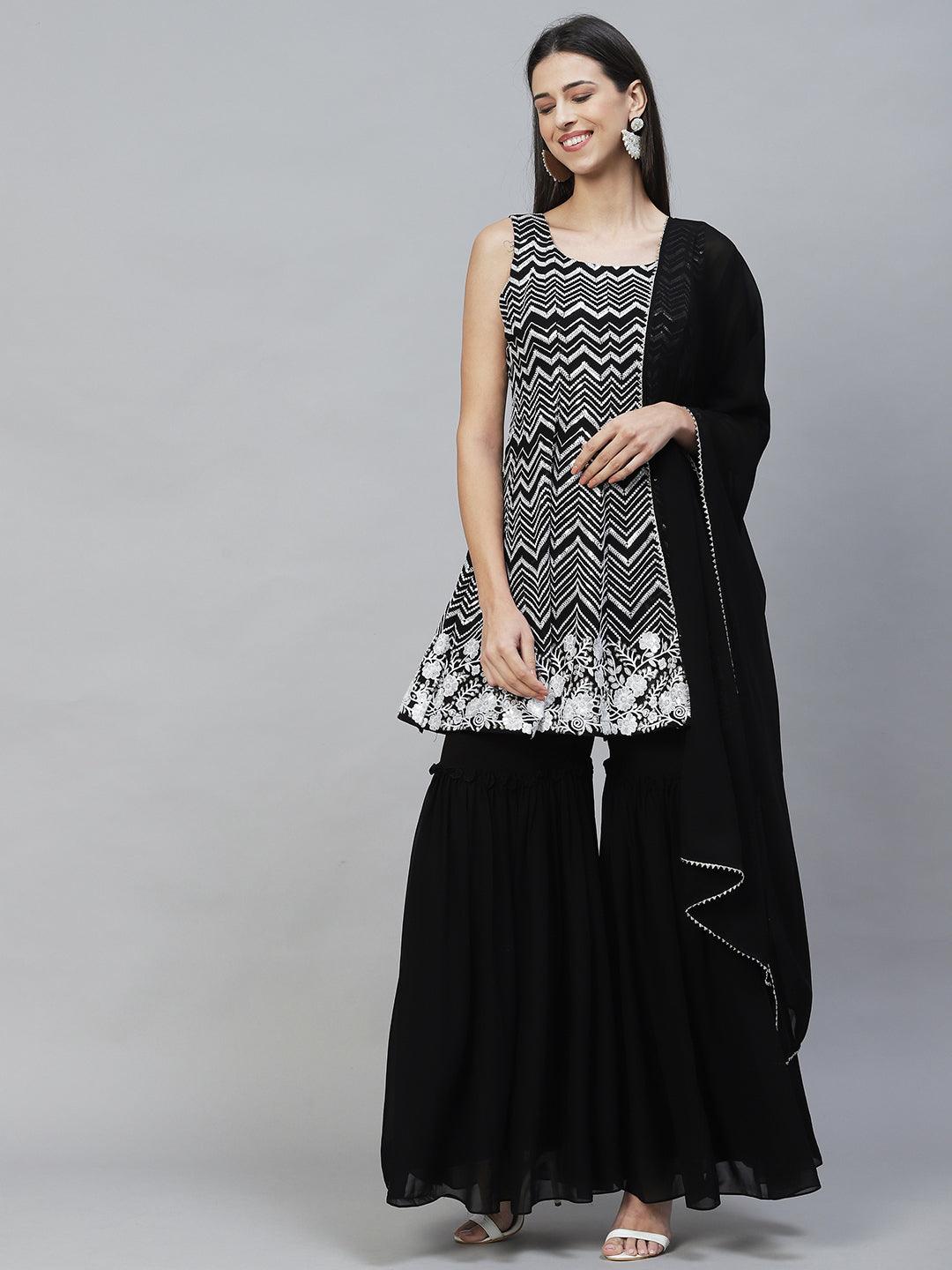 Ethnic Embroidered Anarkali Kurta with Sharara & Dupatta - Black - Indiakreations