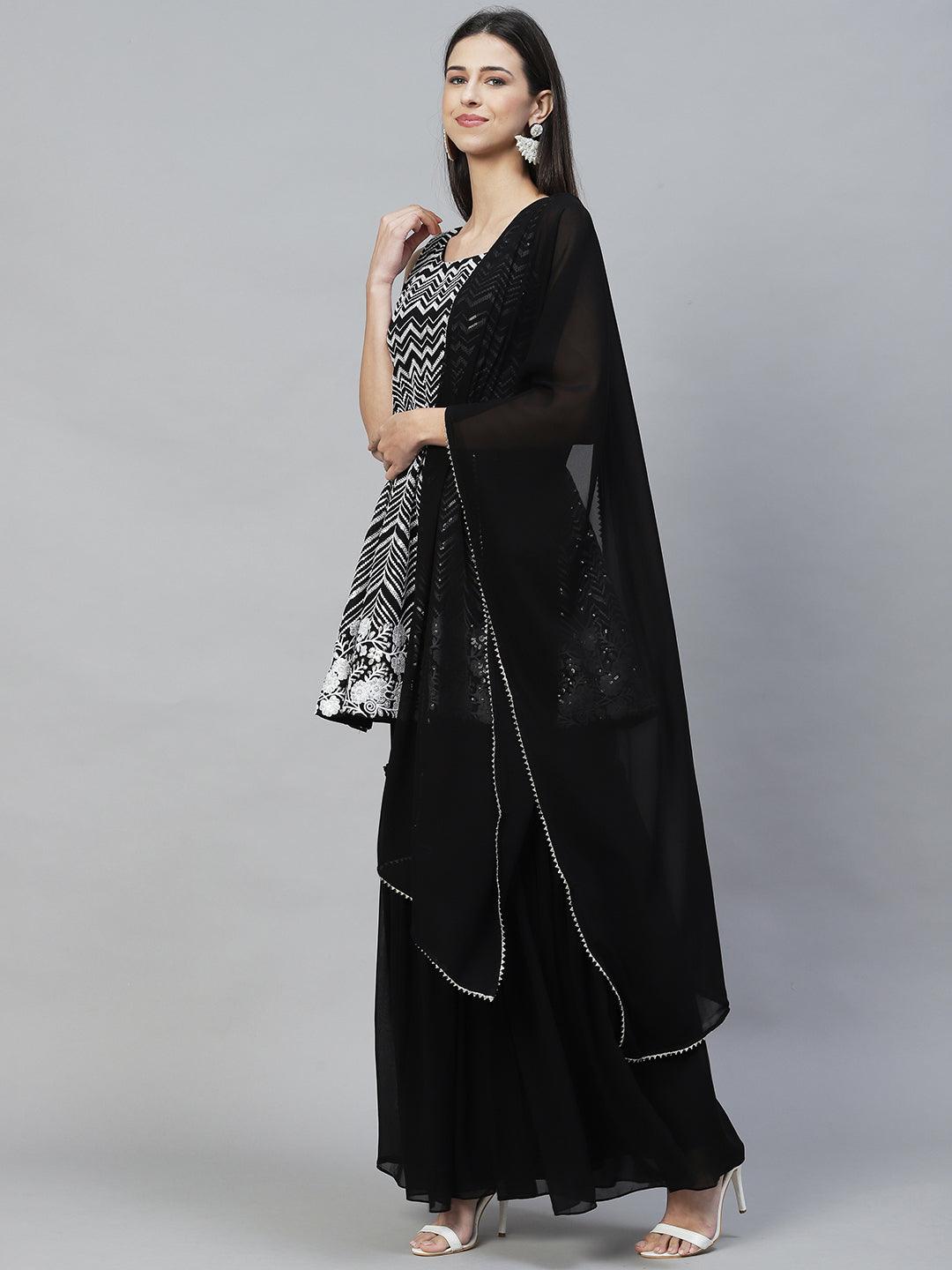 Ethnic Embroidered Anarkali Kurta with Sharara & Dupatta - Black - Indiakreations