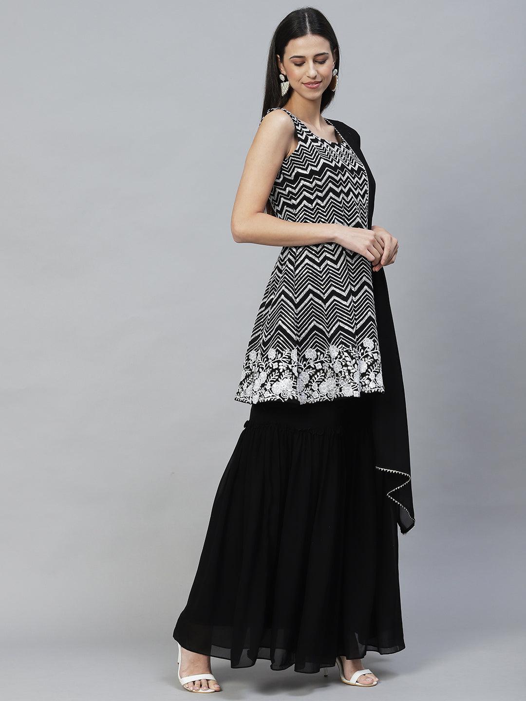 Ethnic Embroidered Anarkali Kurta with Sharara & Dupatta - Black - Indiakreations