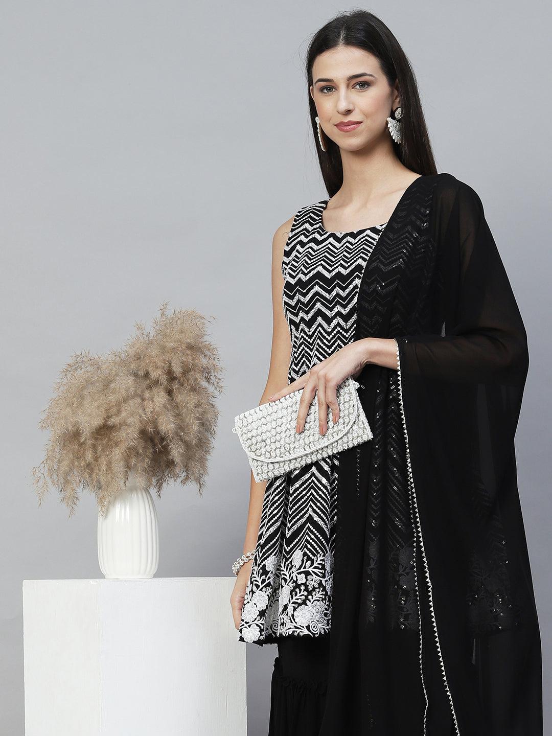 Ethnic Embroidered Anarkali Kurta with Sharara & Dupatta - Black - Indiakreations