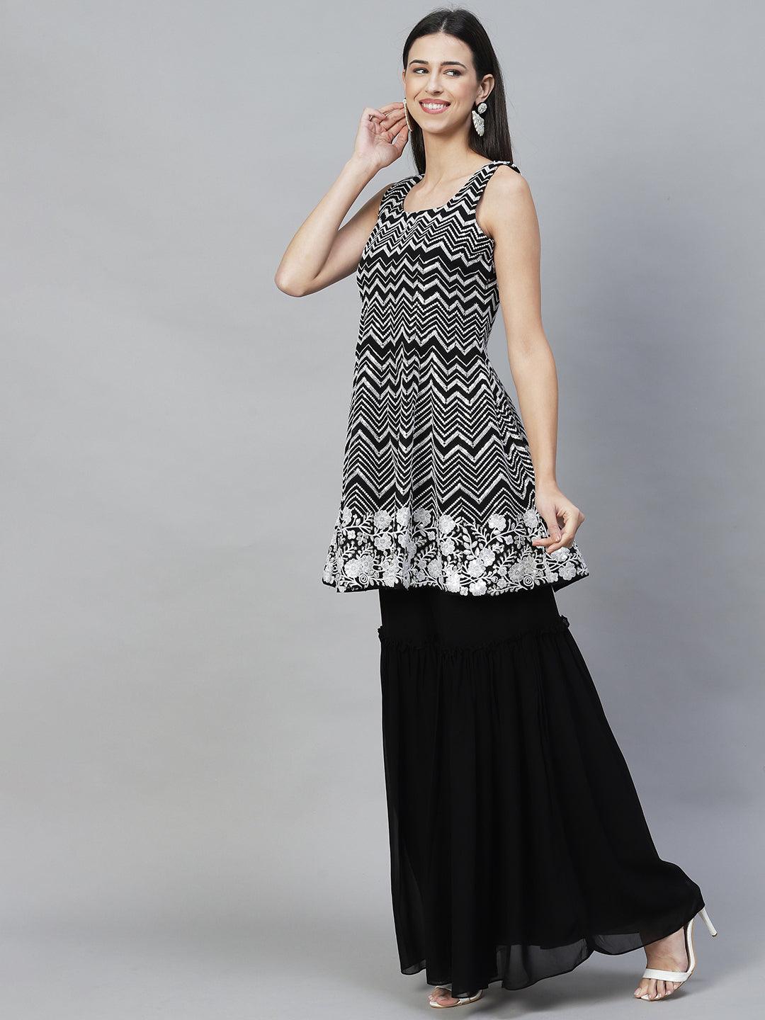 Ethnic Embroidered Anarkali Kurta with Sharara & Dupatta - Black - Indiakreations