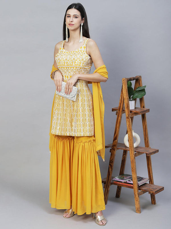 Ethnic Embroidered Anarkali Kurta with Sharara & Dupatta - Yellow - Indiakreations