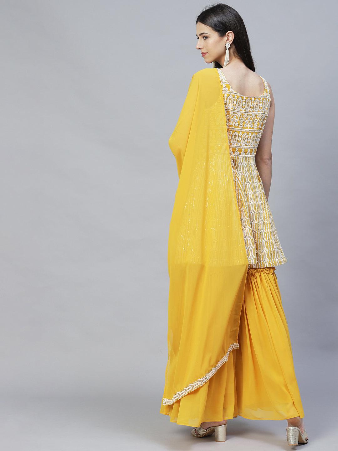 Ethnic Embroidered Anarkali Kurta with Sharara & Dupatta - Yellow - Indiakreations