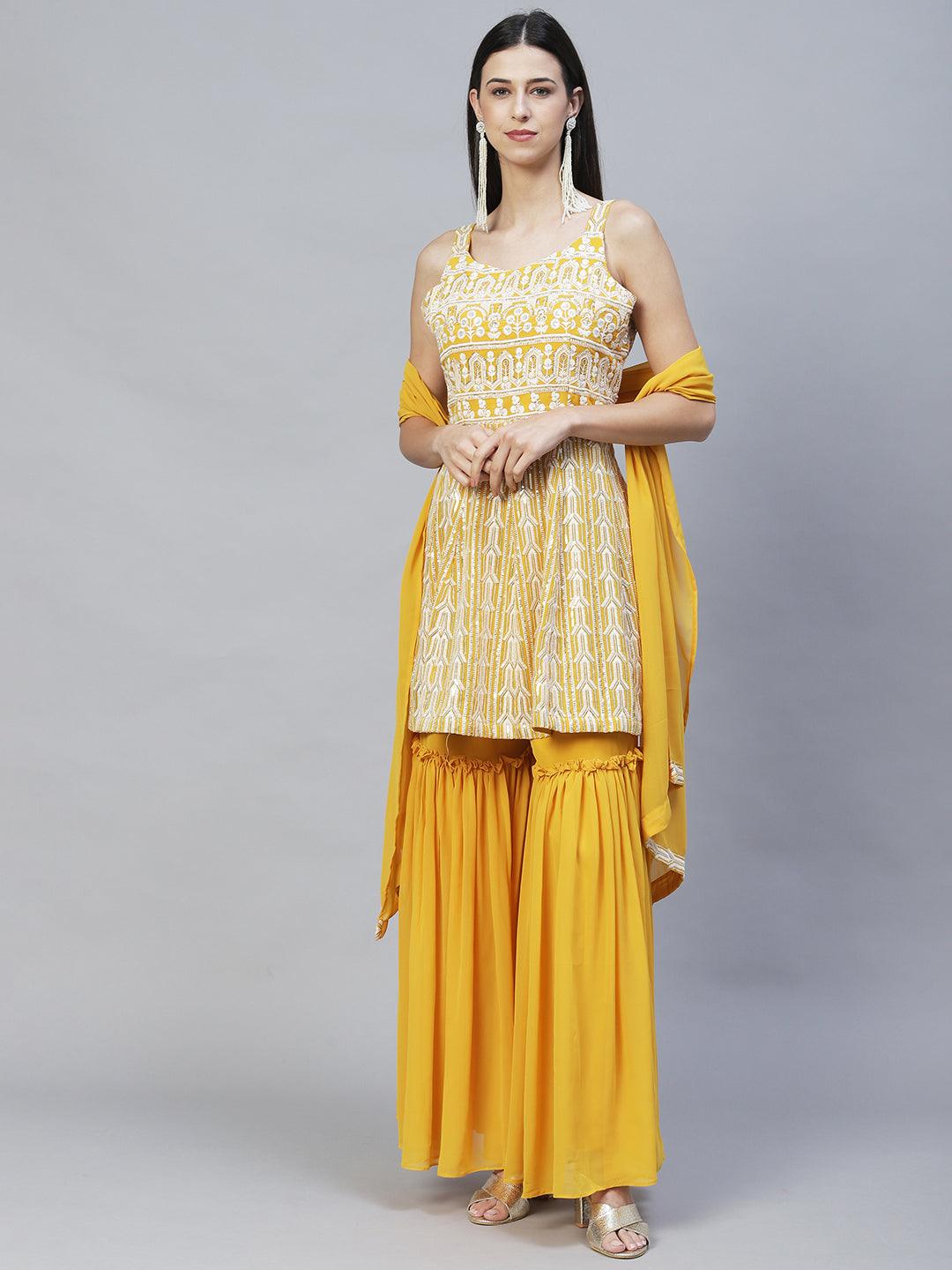 Ethnic Embroidered Anarkali Kurta with Sharara & Dupatta - Yellow - Indiakreations