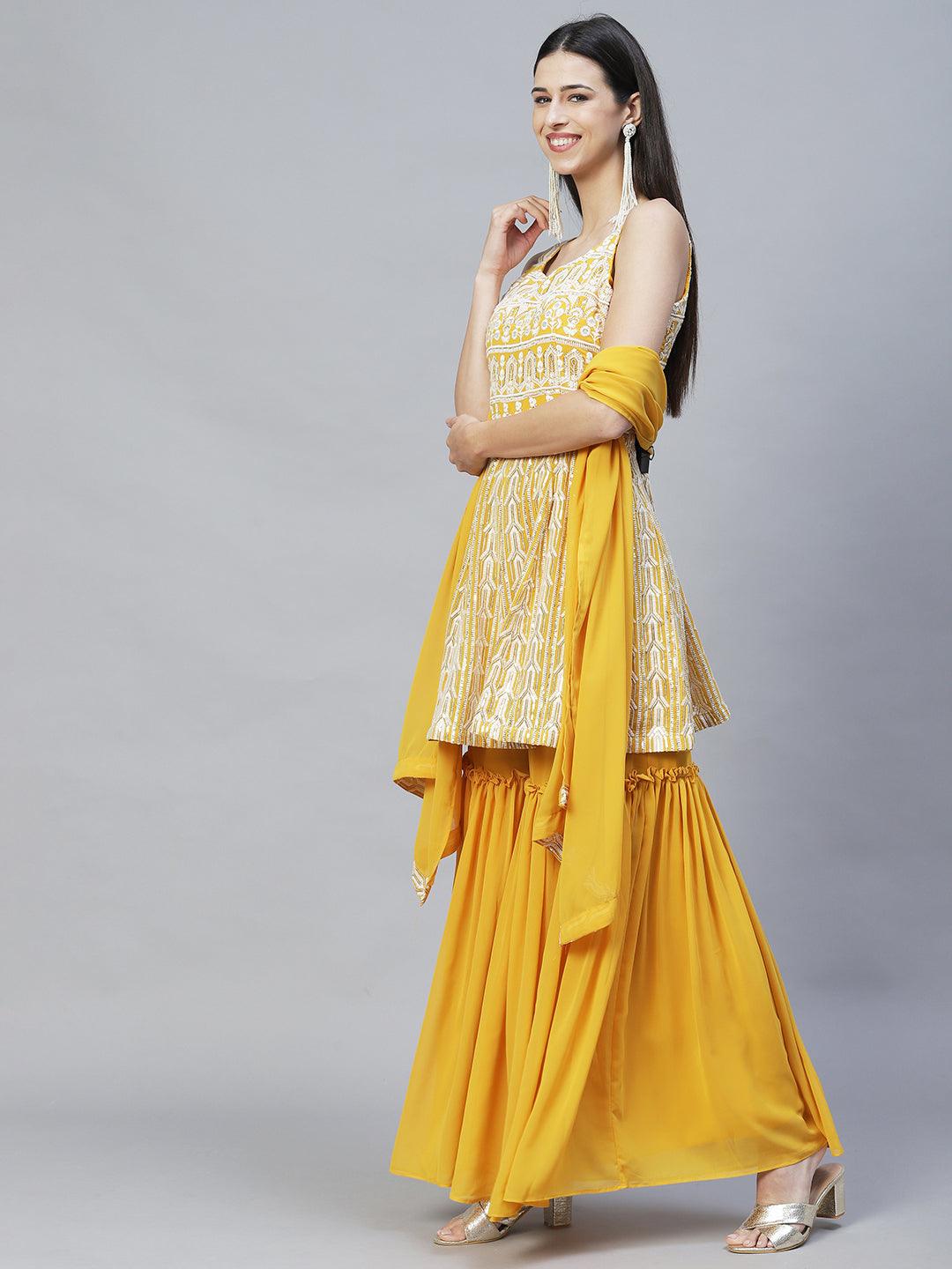 Ethnic Embroidered Anarkali Kurta with Sharara & Dupatta - Yellow - Indiakreations