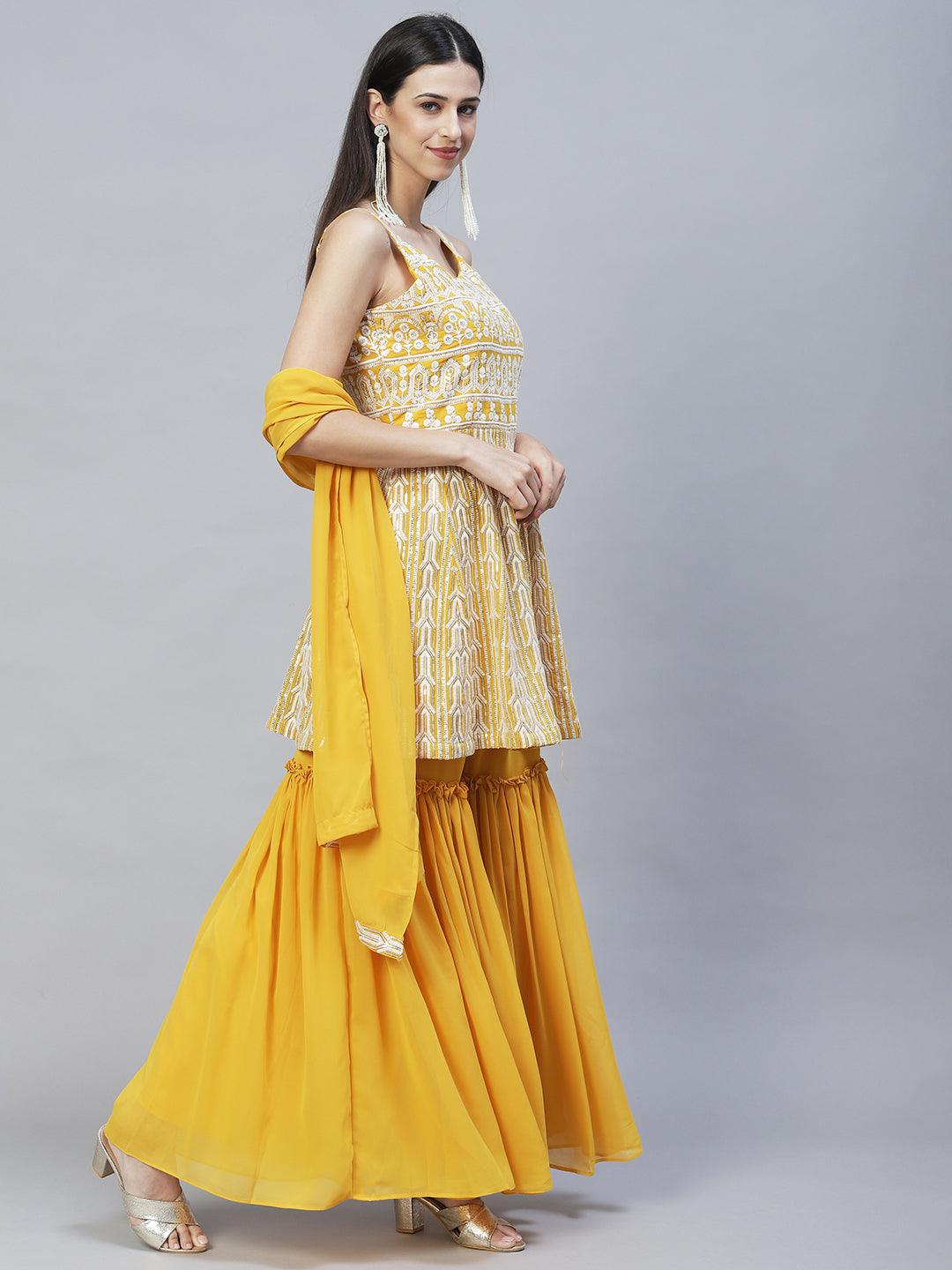 Ethnic Embroidered Anarkali Kurta with Sharara & Dupatta - Yellow - Indiakreations