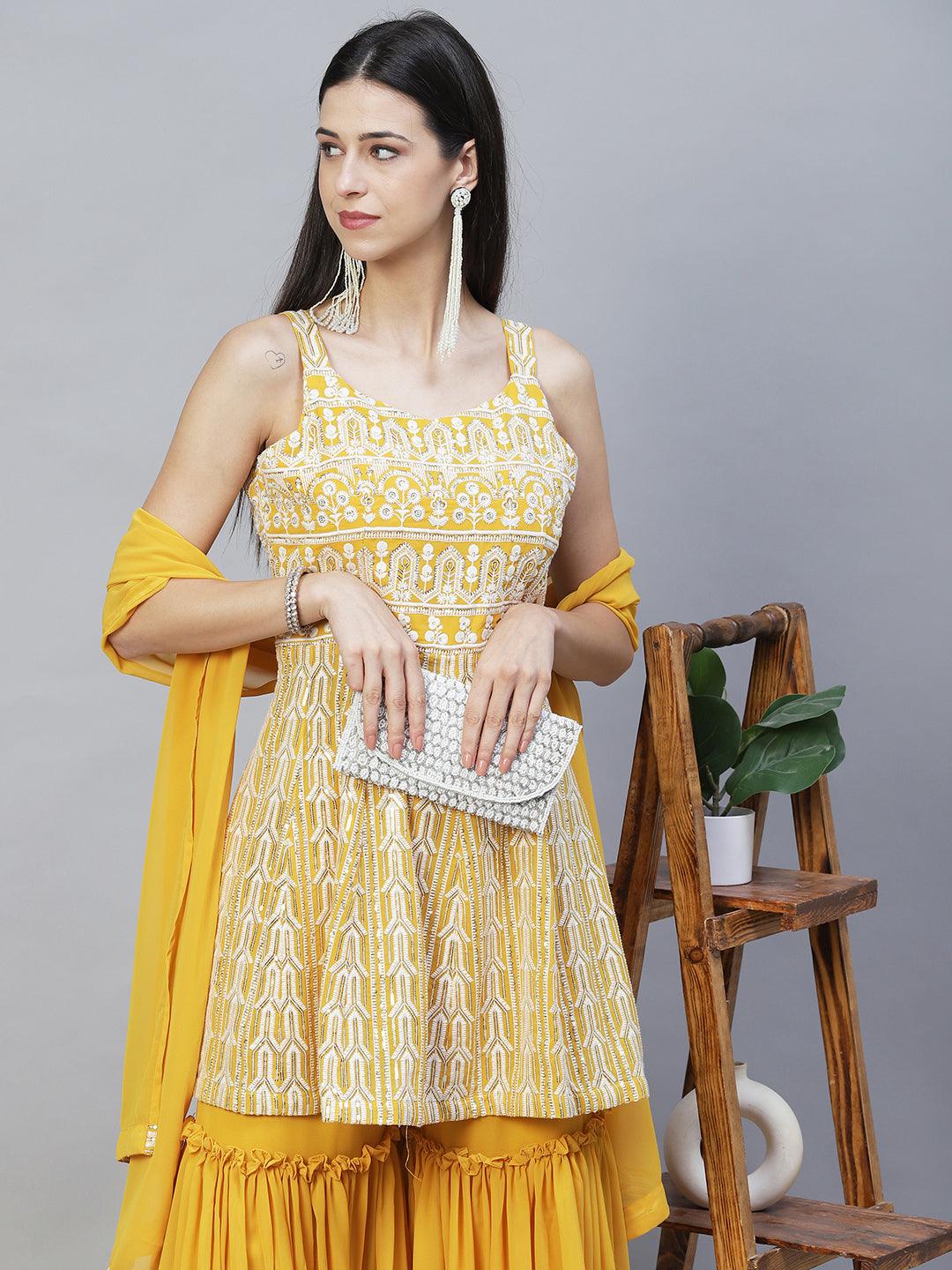 Ethnic Embroidered Anarkali Kurta with Sharara & Dupatta - Yellow - Indiakreations