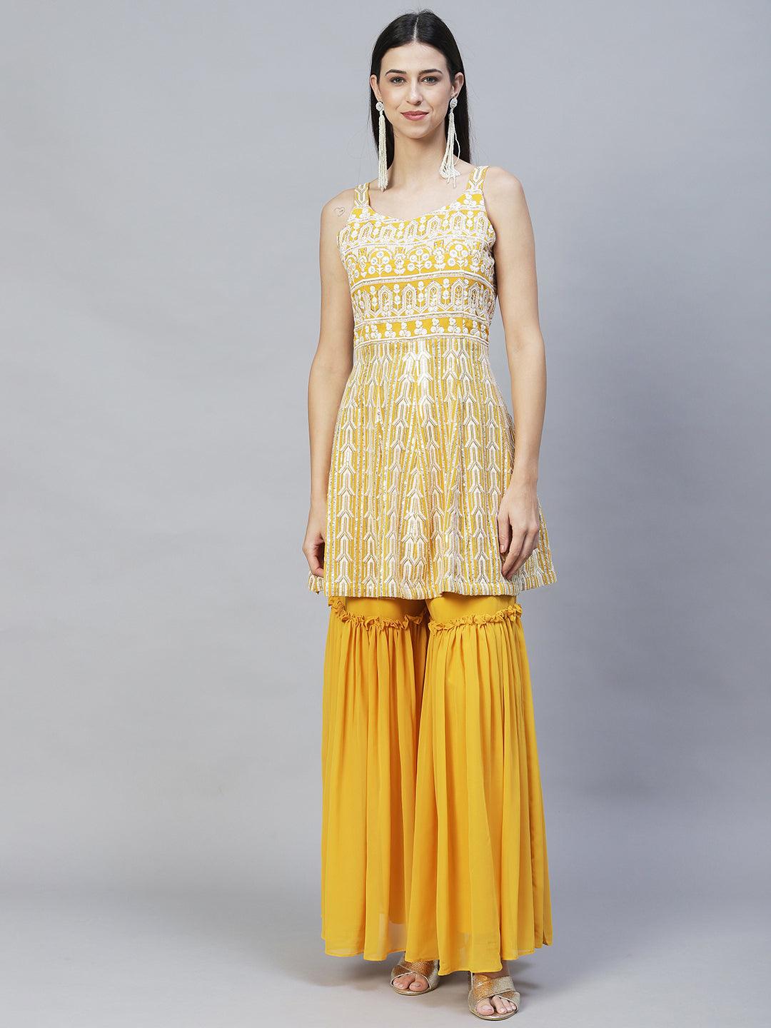 Ethnic Embroidered Anarkali Kurta with Sharara & Dupatta - Yellow - Indiakreations