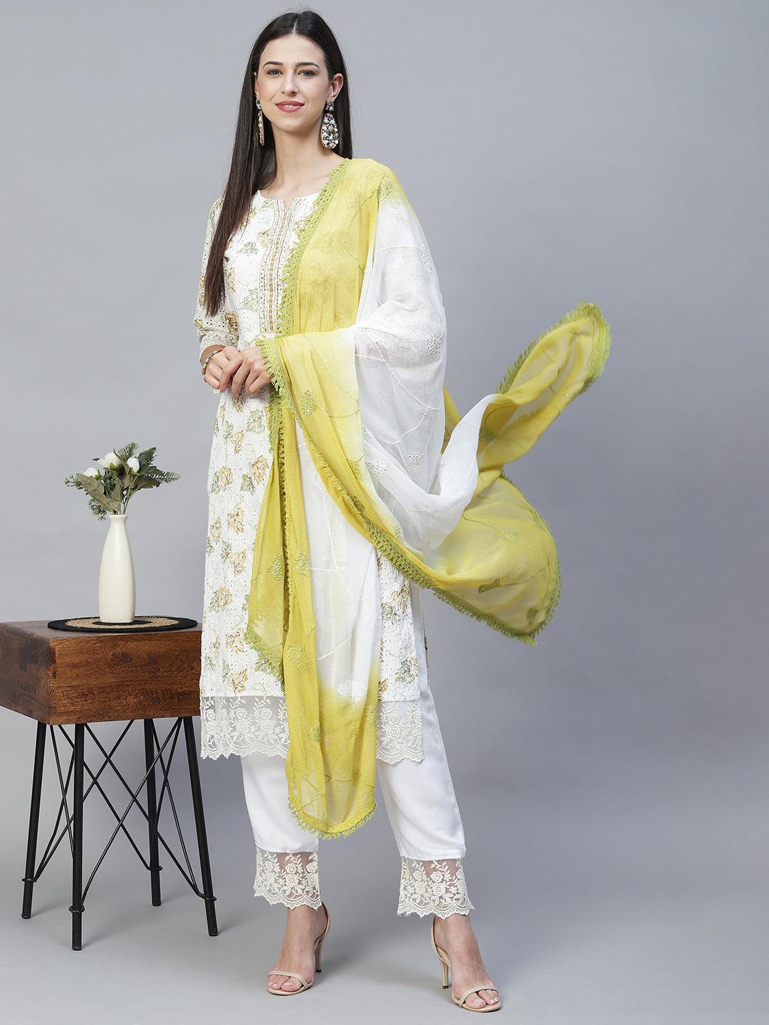 Floral Printed & Embroidered Straight Kurta with Pants & Dupatta - Off White - Indiakreations